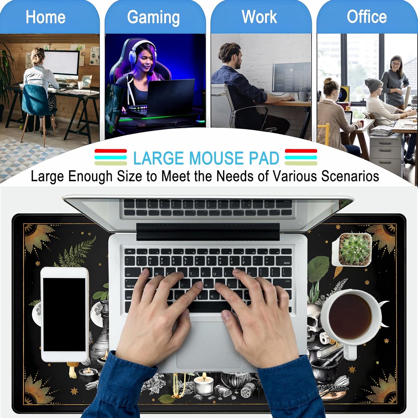 Cute Kawaii Raven Desk Mat XXL Large Extended Gaming Mouse Pad Nature Forest Gothic Mousepad with Stitched Edges, Anime Skull Laptop Keyboard and Mouse Mat Desk Pad for Work Game 31.5x15.7 in