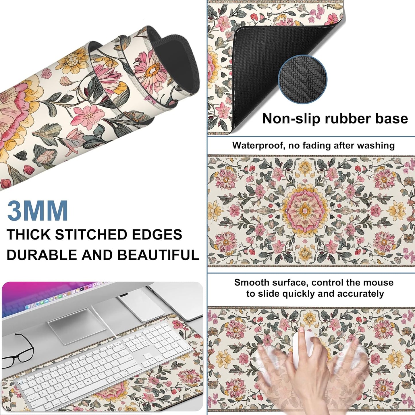 Elegant Carpet Gaming Mouse Pad 3mm Thick Stitched Edge Waterproof Non-Slip Large Computer Keyboard Mouse Mat,Suitable for Office Entertainment Decorative Desk Pad 35.4 x 15.7 Inches
