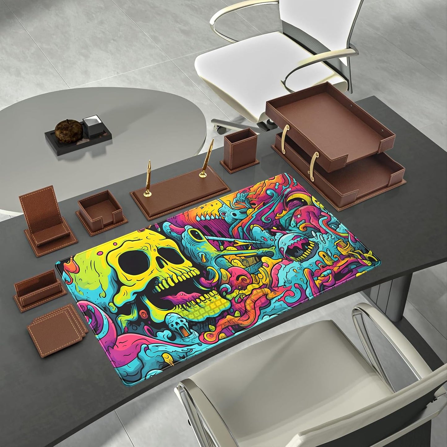 Gaming Desk Mat Skull Desk Pad Extended Mouse Pad XXL, Cool Mouse and Keyboard Mat Big Desktop Mats for Desk, Laptop Mat with Non-Slip Base & Stitched Edges, Office Decor for Men 31.5" x 15.7"