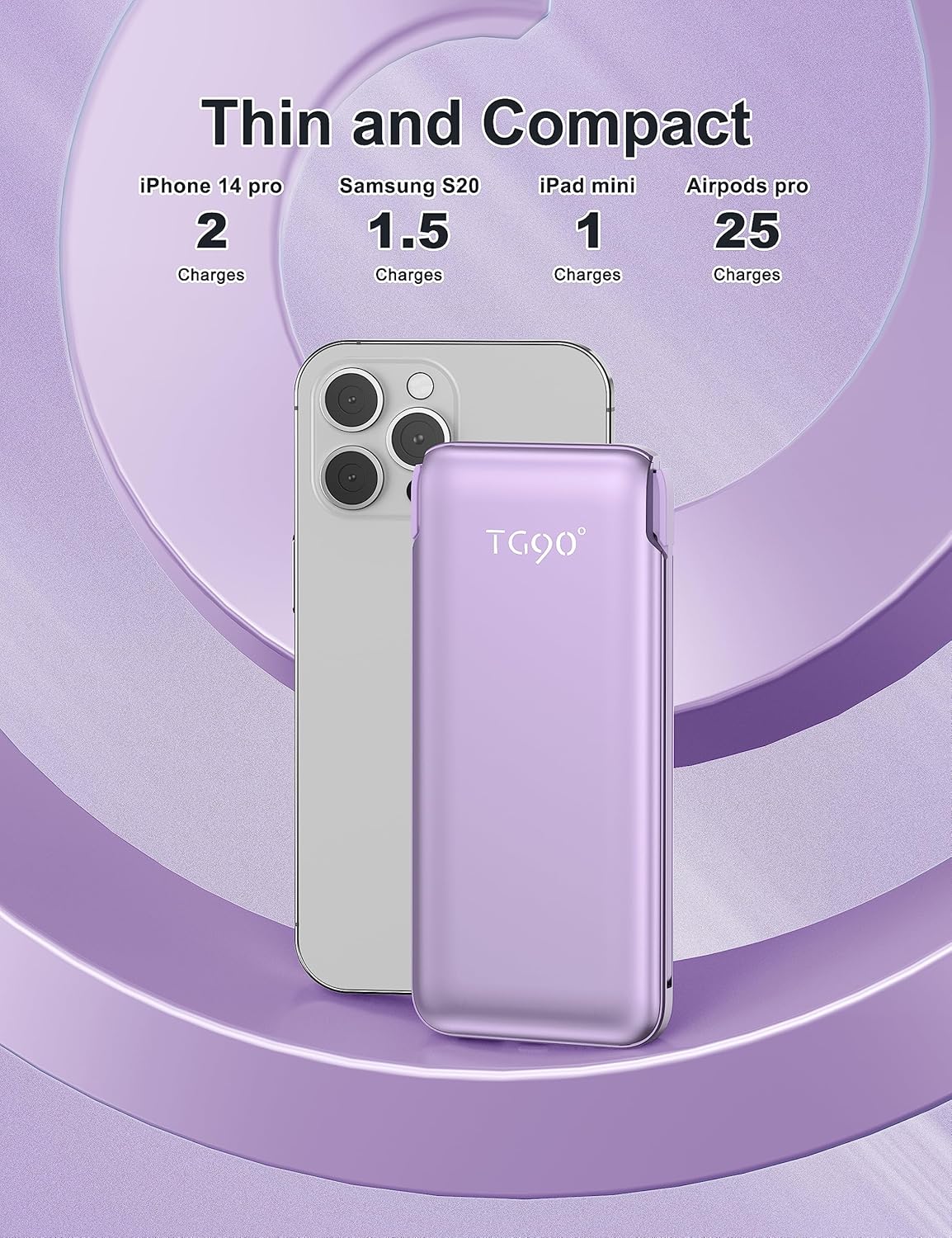 TG90° 10000mah Power Bank Portable Charger with Built in Cables and AC Wall Plug, Phone Charger External Battery Pack Compatible with iPhone Android Smart Devices