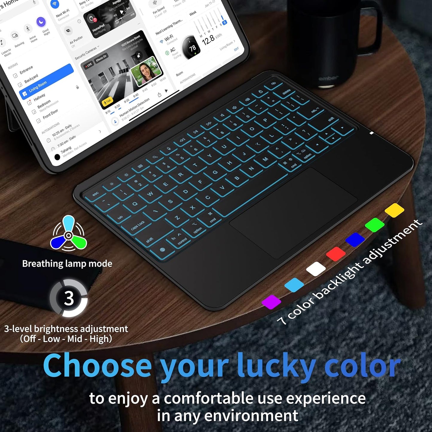 Keyboard Case for iPad 10th Generation (10.9" 2022) and iPad 11th (A16, 2025), Magnetic Detachable Wireless keyboard for ipad 10th generation with 7 Color Backlight, Multi-Touch Trackpad(Black)