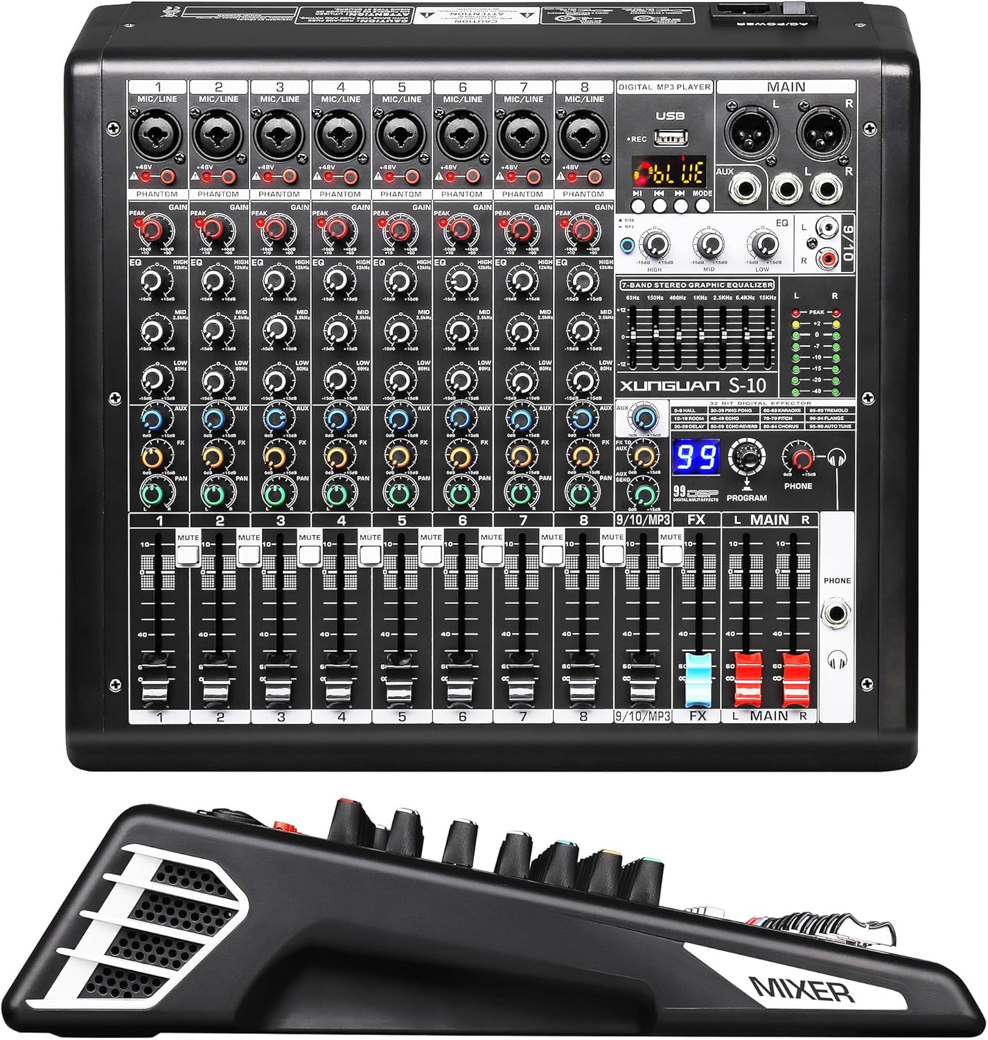 S-10 Audio Mixer 10 channel 8 channel Professional DJ Mixing Console with Reverb MP3 Player Bluetooth 48V Phantom Power Supply USB Recording for Studio Karaoke Live Music