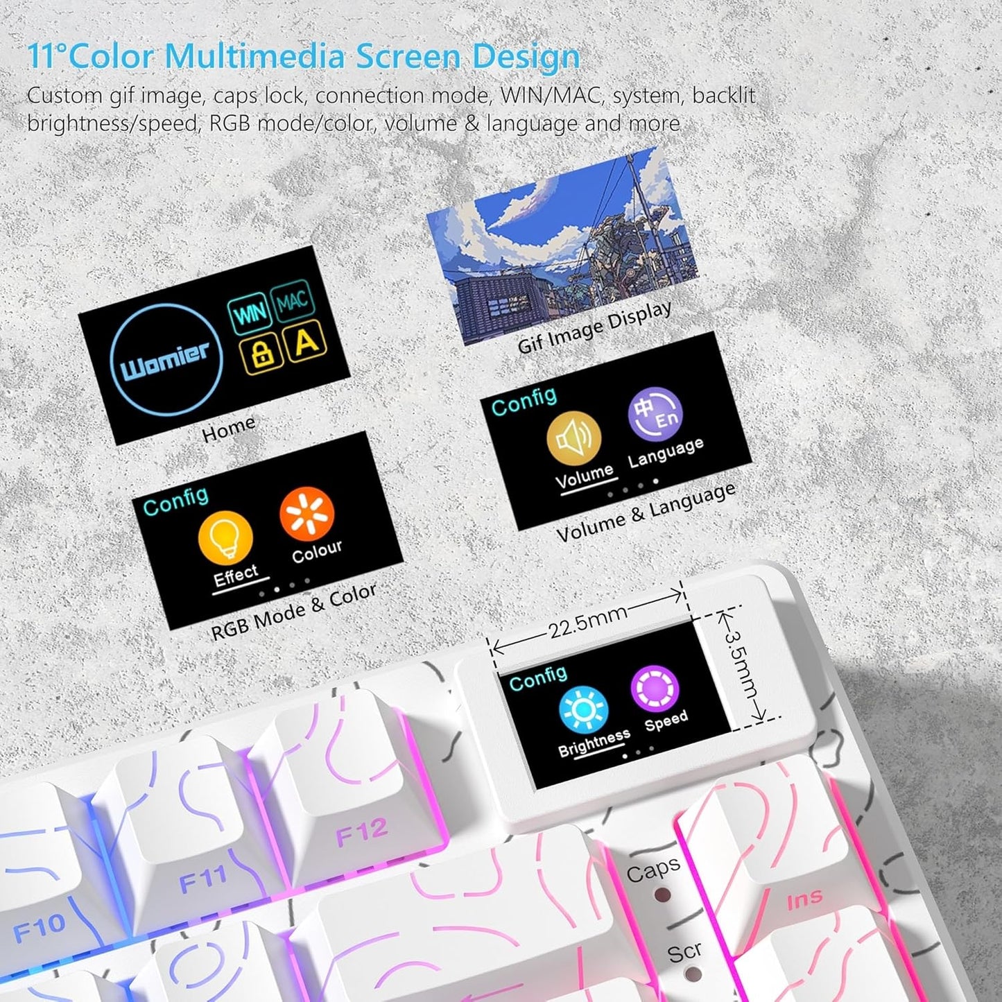 Womier SK80 75% Percent Keyboard with Color Multimedia Display Mechanical Gaming Keyboard Topographic, Hot Swappable Gasket Mount RGB Creamy Key Board Pre-lubed POM Switch for Mac/Win,White