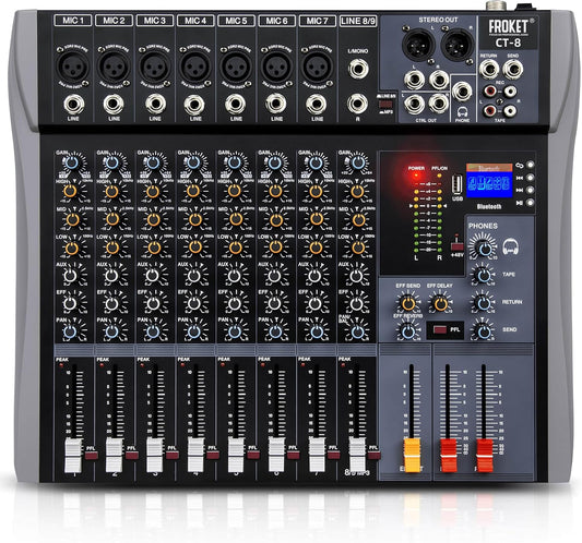 Pro DJ Mixer 8-Channel Audio Console - Bluetooth/USB Streaming, 48V Phantom Power, 3-Band EQ for Live Stage, Recording Studio & Karaoke Systems (CT-8)