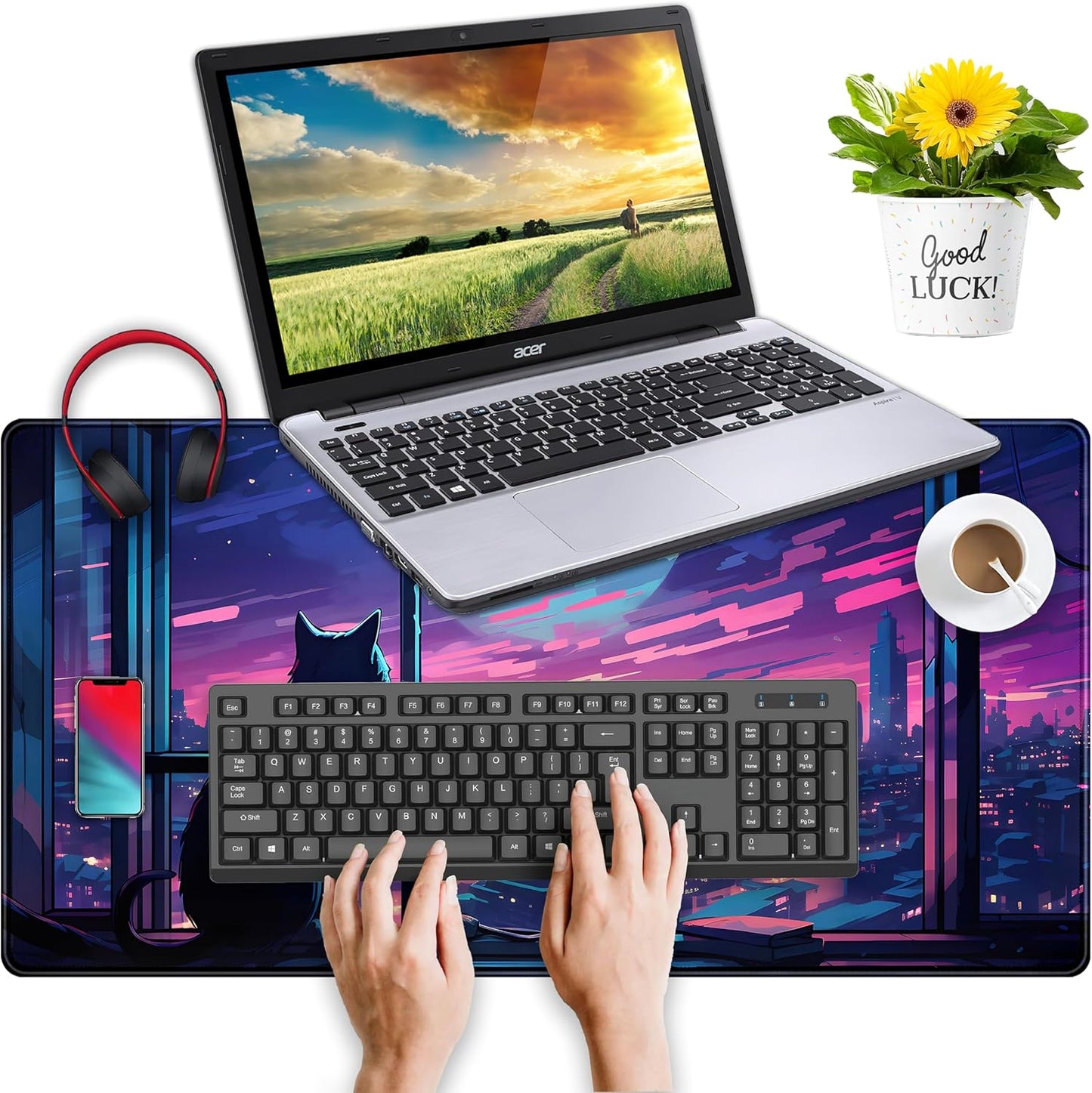 Cool Purple Kawaii Anime Moom Cat Desk Mat XXL Large Gaming Mouse Pad, Cute City Cats Desk Pad for Gamer Girl Women Office Desk Decor Mousepad, Computer Laptop Keyboard and Mouse Mat 31.5x15.75 in