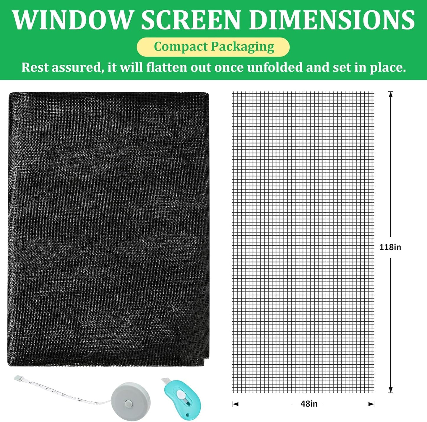 Windows Screen Replacement and Screen Door Repair Kit, 6Pcs Window Screen Fiberglass Mesh Kit - Window Screen & Screen Door Mesh & Screen Porch Repair Kit (Black, 48" x 118")