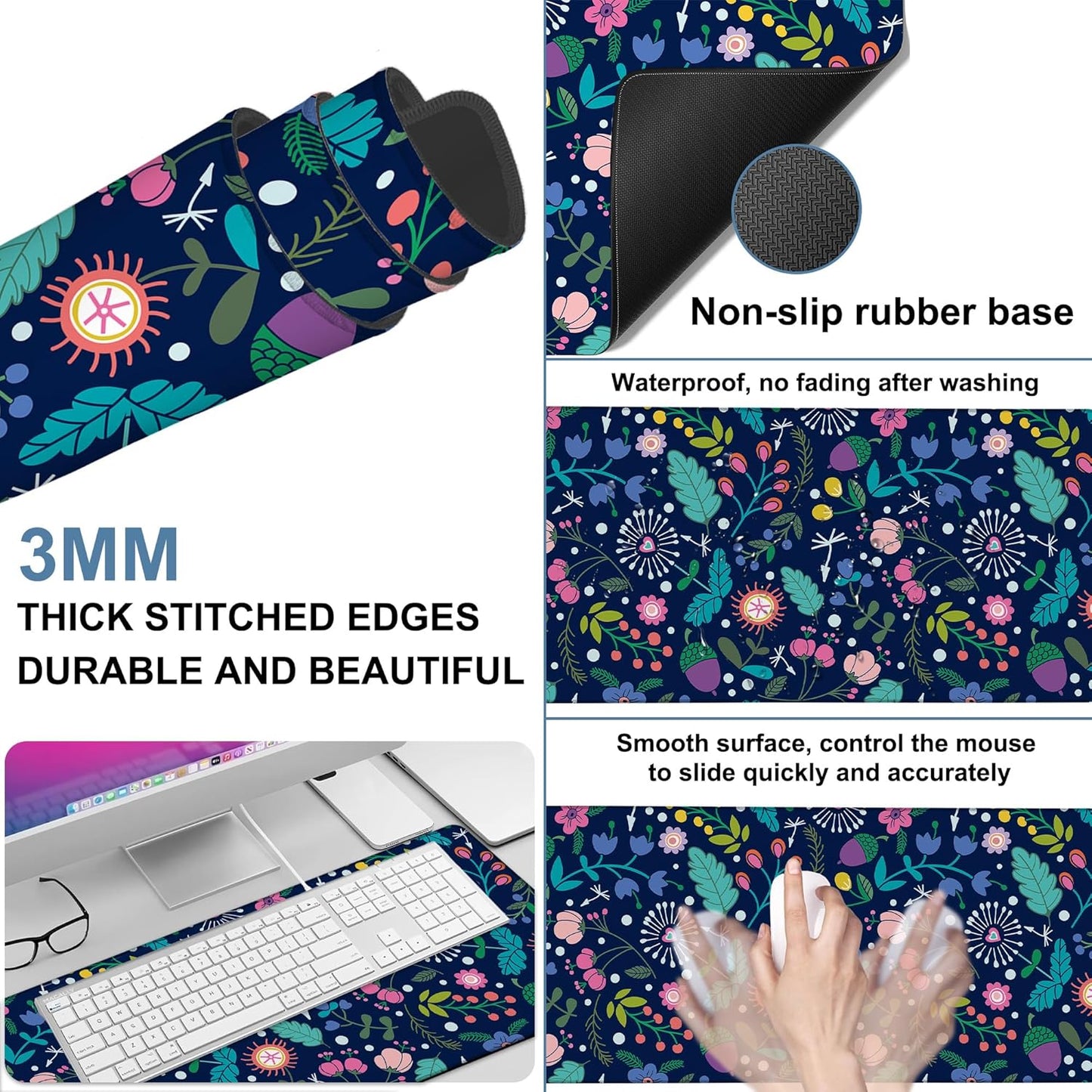 Gaming Desk Pad Large Extra Length Beautiful Floral Mouse Pad Keyboard Laptop Non-Slip Waterproof with Rubber Base Thick Stitched Edge Mouse Mat for Office Home 35.4 x 15.7 Inches