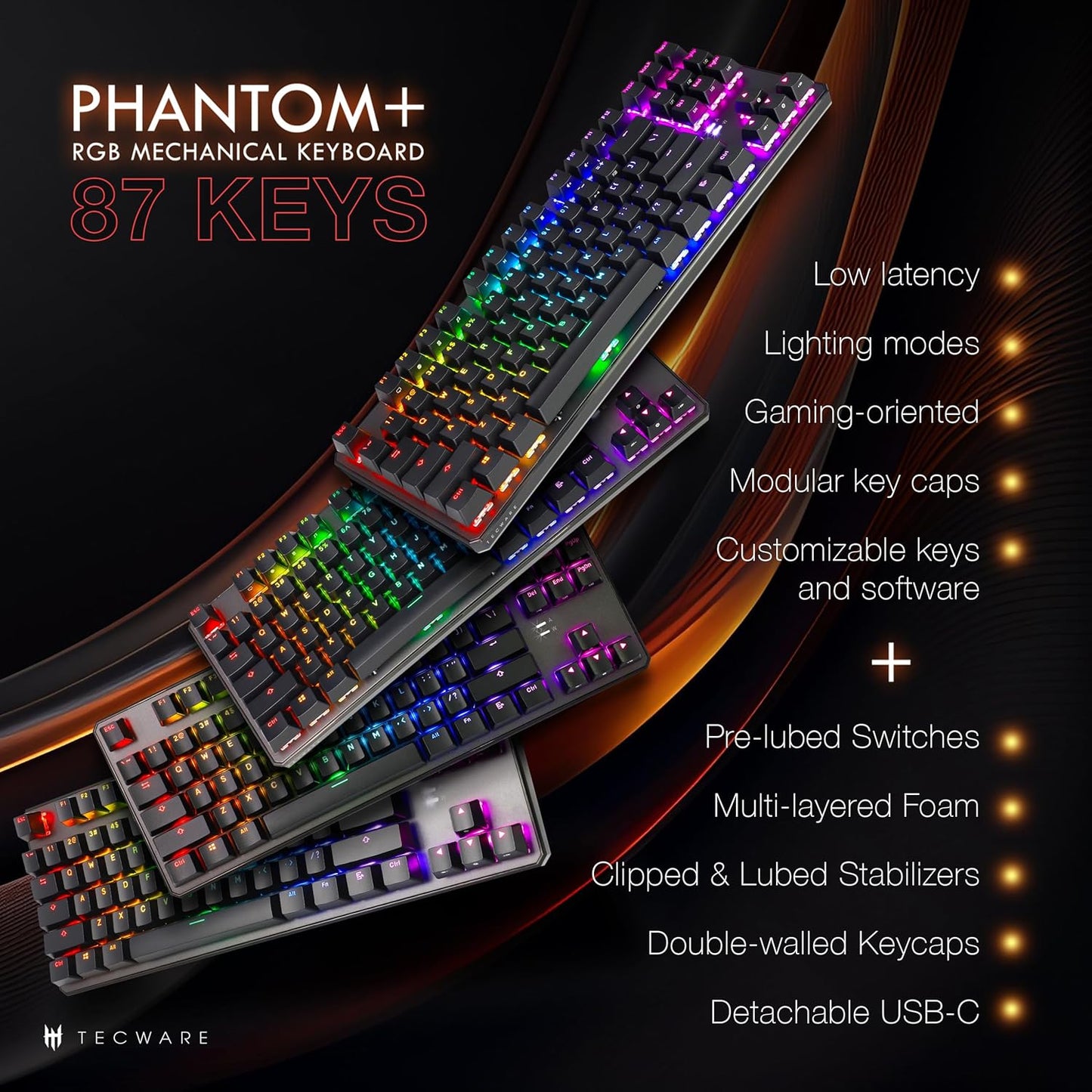 TECWARE Phantom+ 87 Key Mechanical Gaming Keyboard, RGB led, TKL 75% Keyboard, Thocky Sounding, Wraith Brown Switch