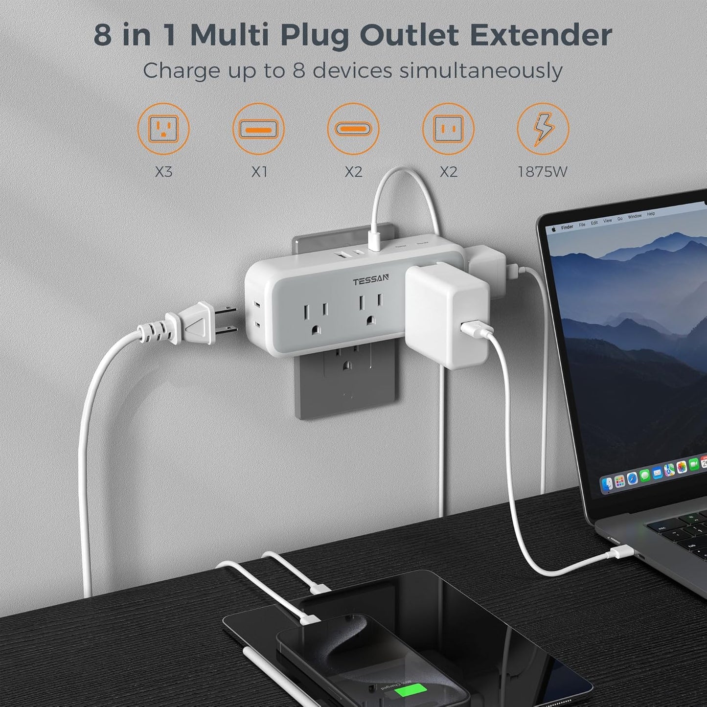Multi Plug Outlet Extender, Wall Charger, TESSAN Multiple Plug Surge Protector, 5 Outlets and 3 USB (2 USB C), Electrical Power Expander with Surge Protector Spaced for Home Office Dorm Room