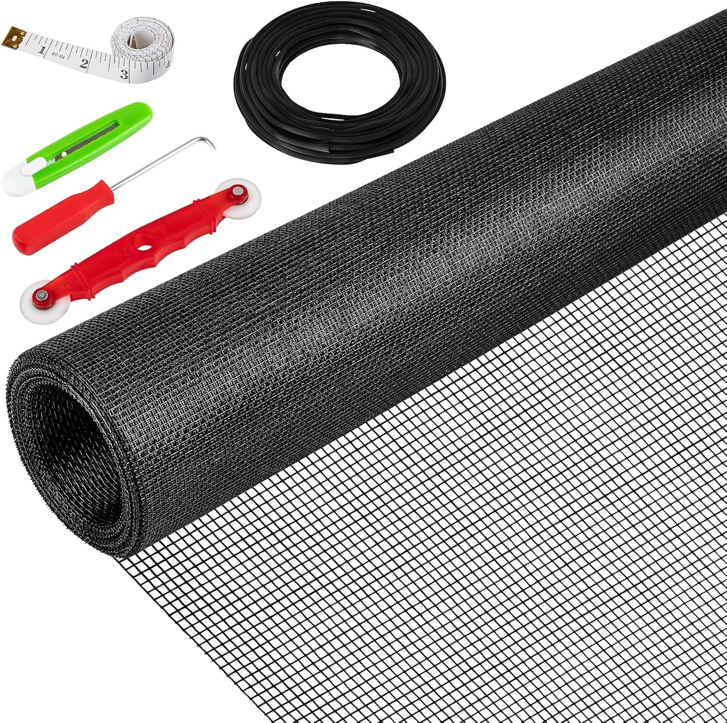 48"X236" Window Screen Replacement Kit, 6 in 1 Window Screen Door Repair Kit, Replacement Window Screens, Fiberglass Patio Screen Mesh for Porch Sliding Door, Rolling Tool Hook Spline Cutter Ruler