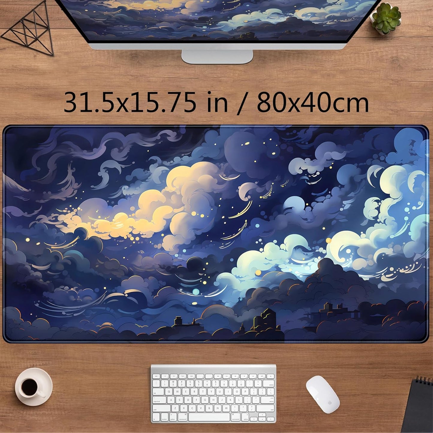 Blue Clouds Desk Mat Large XXL Gaming Mouse Pad Non-Slip Rubber Base Mousepad, Cool Office Desktop Decor Desk Pad, Computer Laptop Keyboard and Mouse Mat with Stitched Edges, 31.5x15.75 in