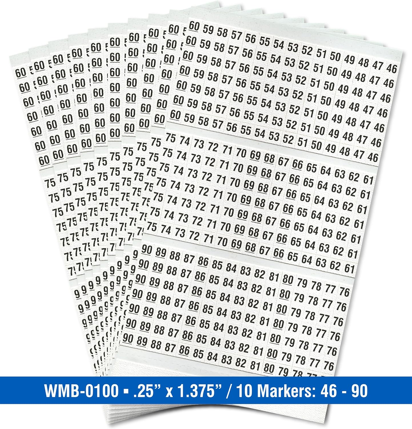 Premium Wire Marker Book for Cable Management, Vinyl-Coated, High-Tack Adhesive, Electric Panel Wire Label Stickers - 10 Pages, 1 Book, Numbered 46-90 (Pack of 10)