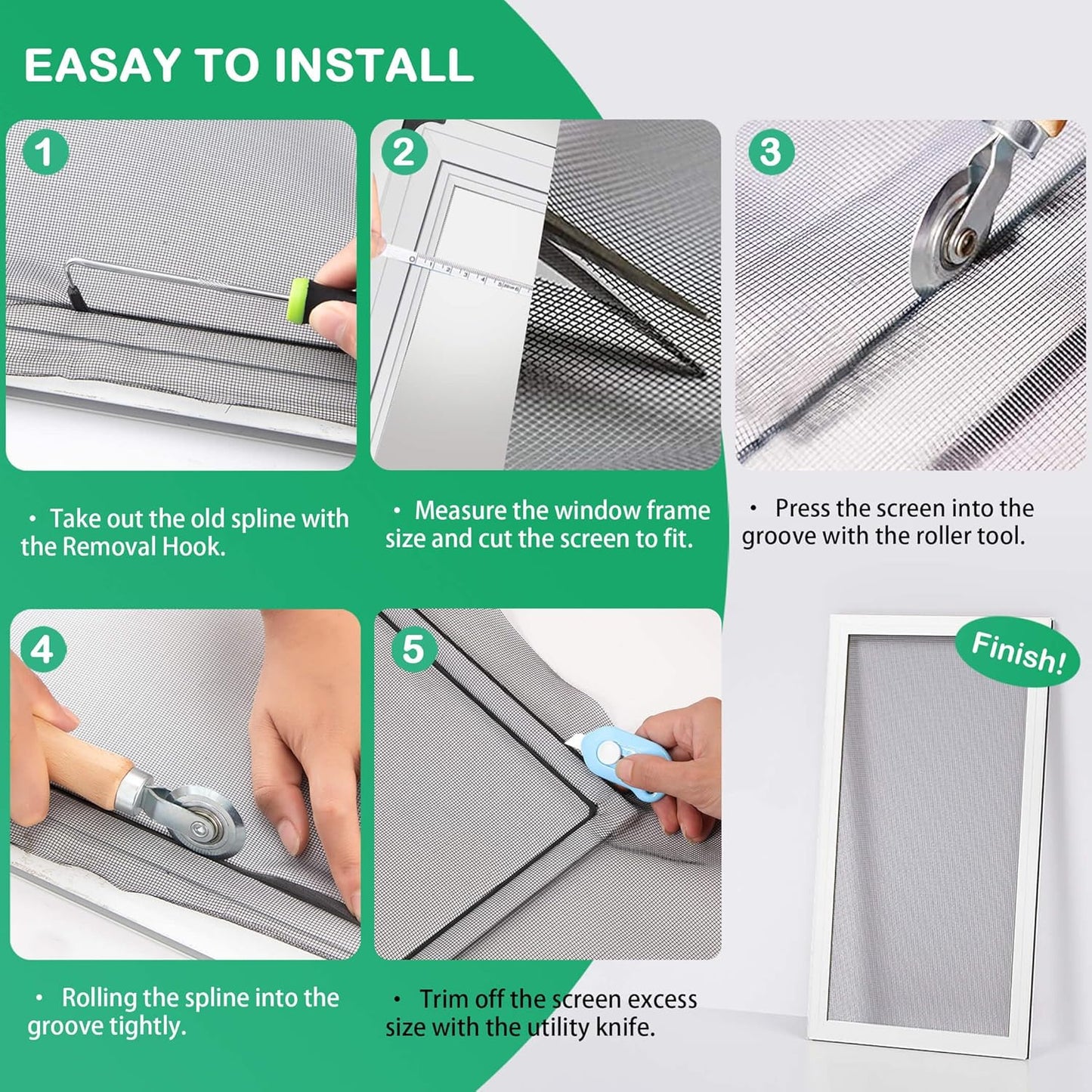 Screen Tool for Window Screen Replacement - Two Spline Roller (Steel and Nylon Bearing Roller), Spline Removal Hook, Two Sizes Screen Spline, Utility Knife, Tape Measure, Tooltriz