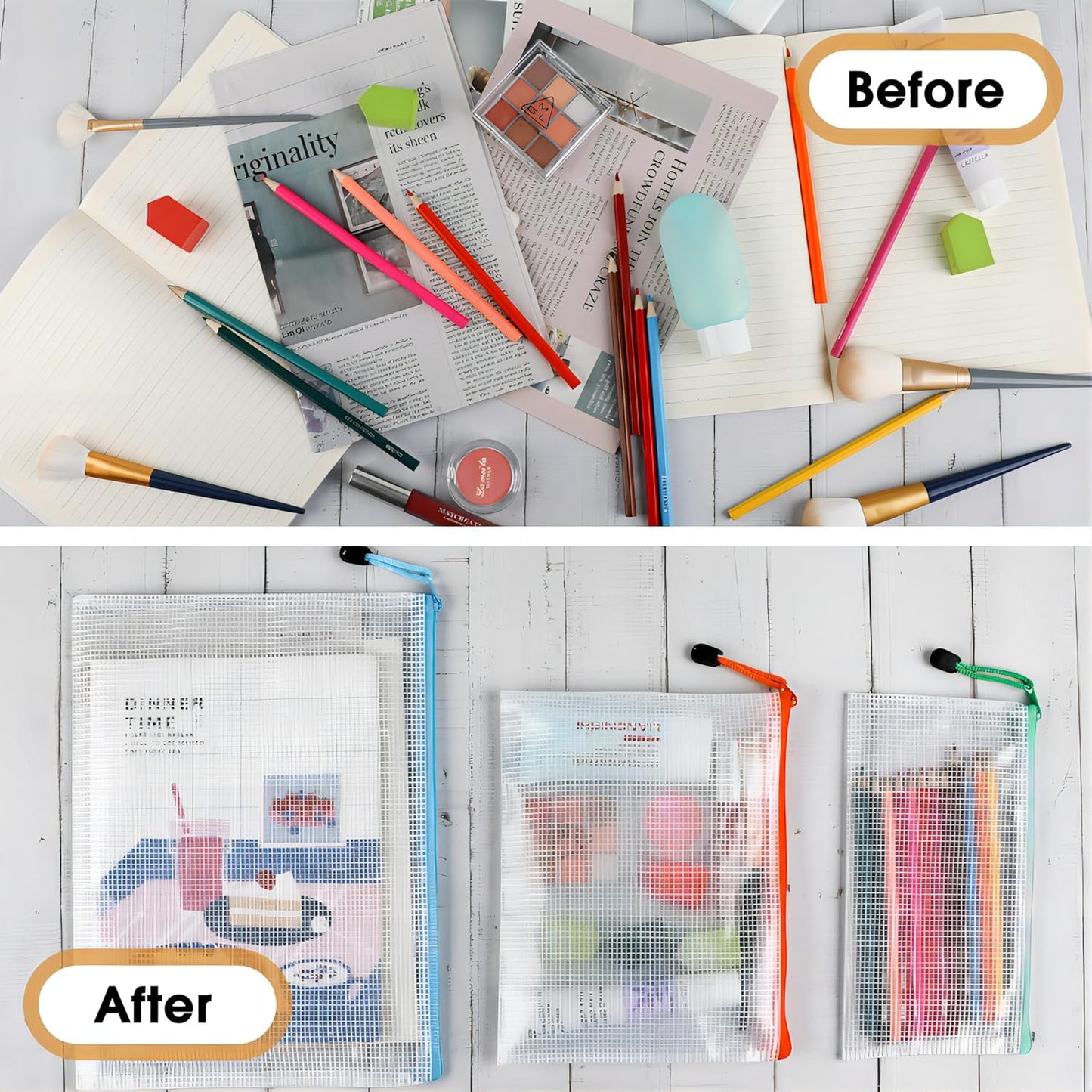 Umriox Mesh Zipper Pouch Bags, A4+A5+A6 (12 Colors, 36 Pack), Mesh Bags with Zipper, Storage Bags, Zipper Bags for Office Supplies Travel Storage