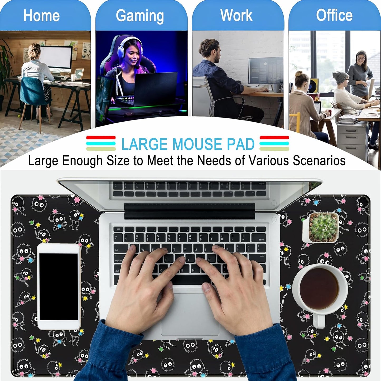 Desk Mat Cute Black Anime Sprite Gaming Mouse Pad XXL Large Extended Kawaii Laptop Keyboard Mouse Mat with Stitched Edges, Non-Slip Computer Desktop Mat for Women Office Desk Decor 31.5x15.7 in