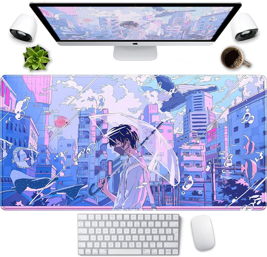 Anime Kawaii Desk Mat Mousepad Cute Japanese Large Gaming Mouse Pad XXL, Pastel Aesthetic Purple Blue Laptop Keyboard Mouse Mat, Magical Fantasy City Girl Gamer Computer Desktop Mat 31.5x15.75 in