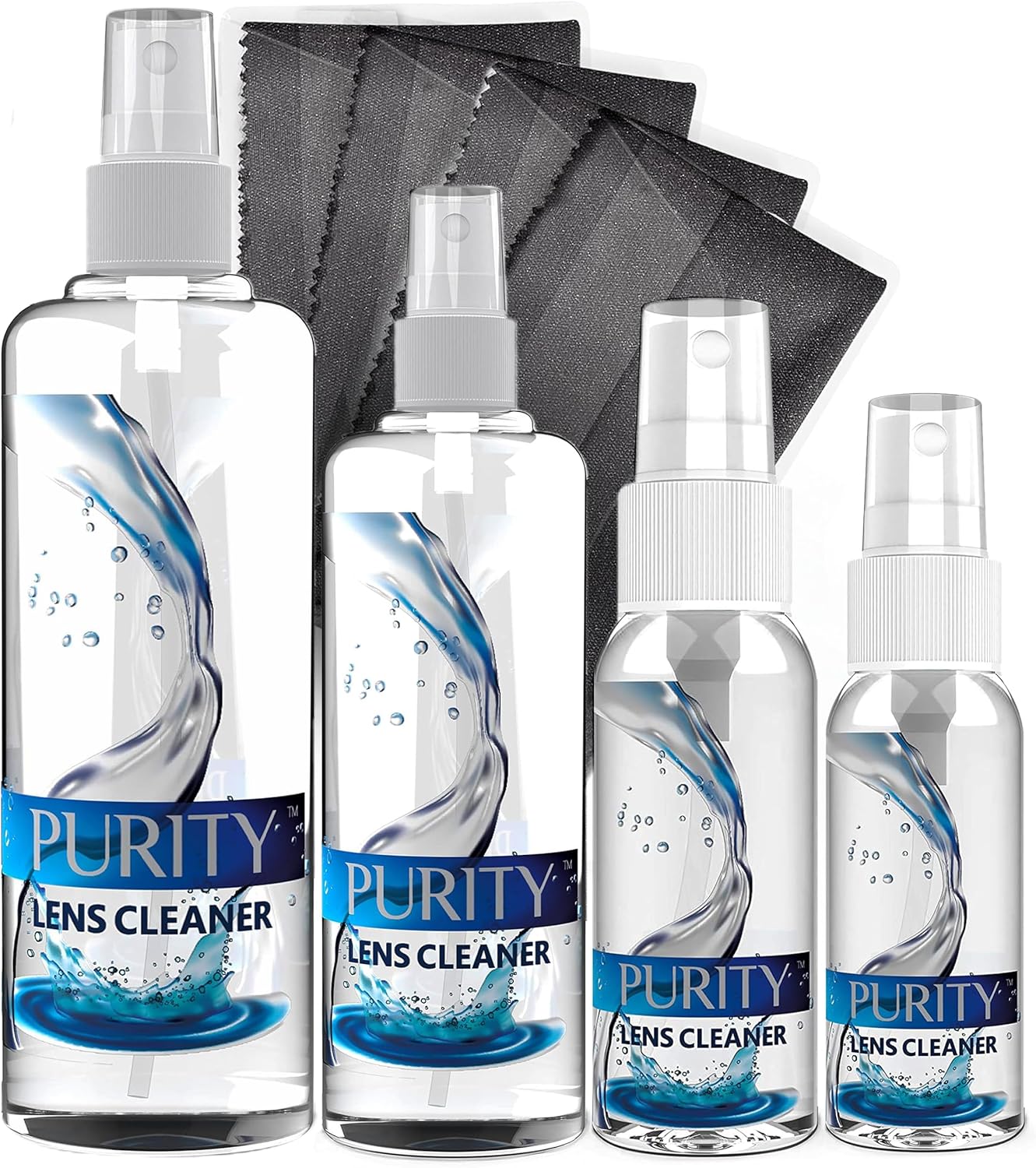 Purity Eyeglass Cleaner Family Pack - Multi-Size Lens Cleaner Kit - 1x1oz, 1x2oz, 1x4oz, 1x8oz Bottles + 4 Premium Microfiber Cloths - Safe for All Lenses, Eyeglasses, & Screens - Streak-Free Formula