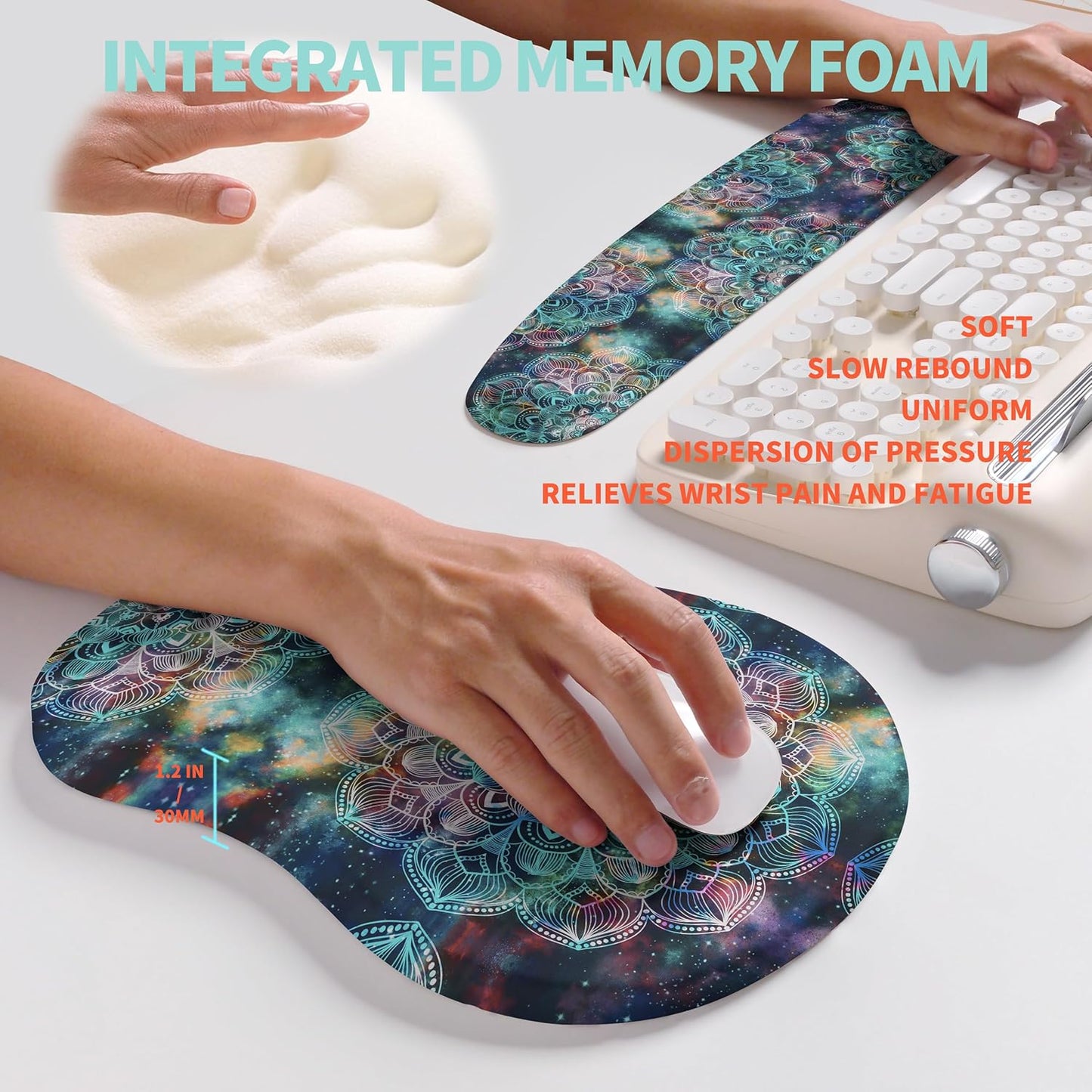 2-in-1 Ergonomic Set, Wave Rise Keyboard Wrist Rest and Massage Bulge Slope Mouse Pad Wrist Support, Cushion Memory Foam Integrated to Relieve Wrist Pain, Galaxy Mandala