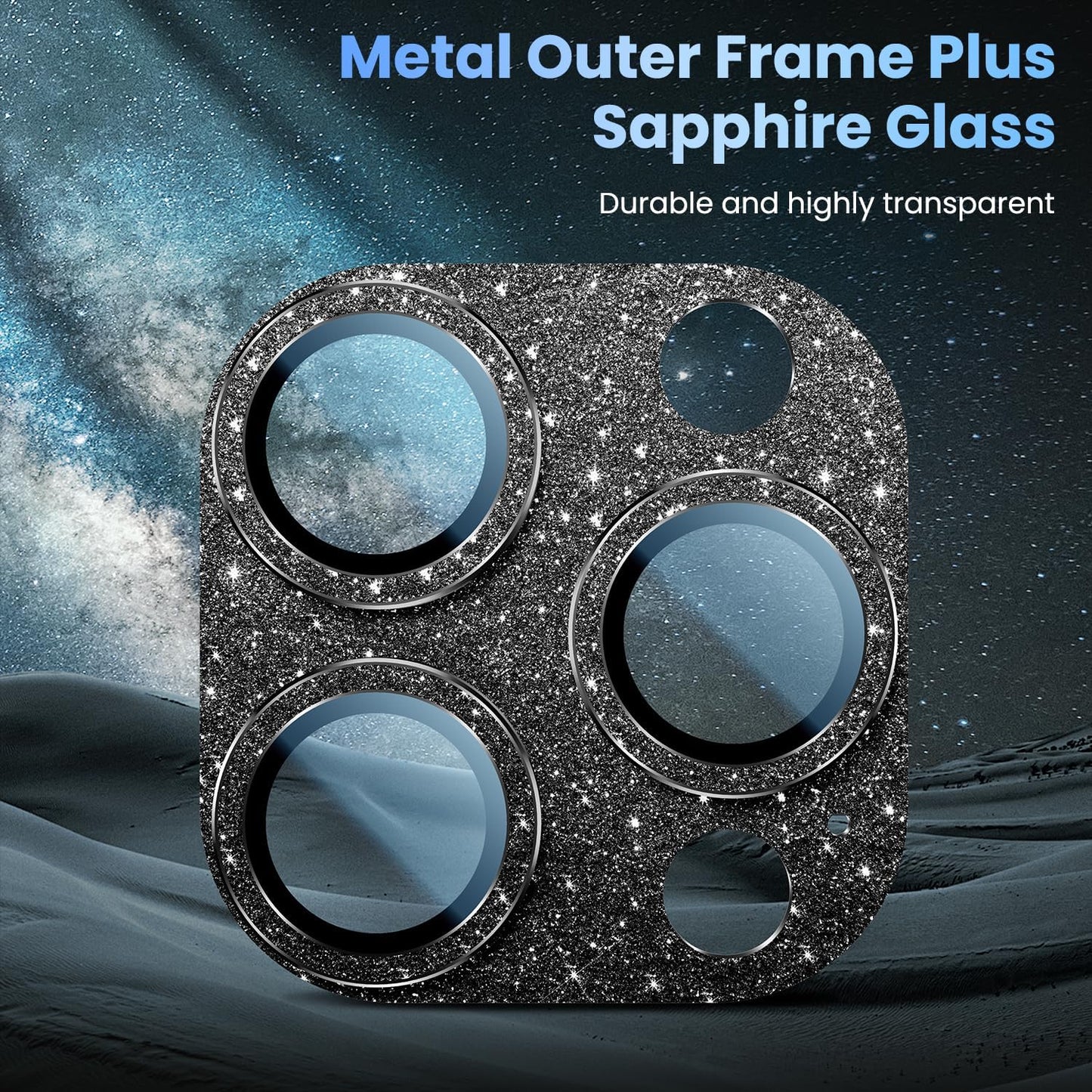 Uyiton Compatible with iPhone 16 Pro/iPhone 16 Pro Max Camera Lens Protector - [Not Easy to Break][Strong Adsorption][Case-Friendly] Metal Tempered Glass Rear Camera Screen Cover - Glitter Black