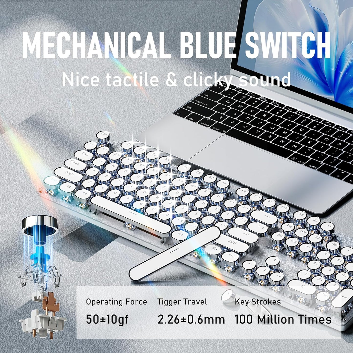 EWEADN TK100 Typewriter Style Wired Mechanical Keyboard, 104 Keys Aesthetic Typewriter Keyboard with White Backlit, Anti-Ghosting, Blue Switch Wired Cute Keyboards-White