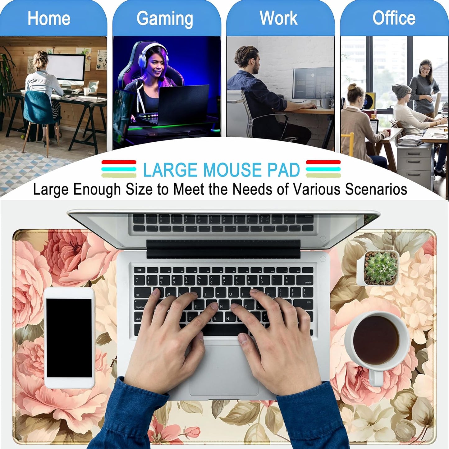 Cute Floral Desk Mat Pastel Roses Gaming Mouse Pad XXL Large Extended Flowers Desk Pad, Laptop Keyboard and Mouse Mat with Stitched Edges, Women Computer Desktop Mat Gamer Playmat 31.5x15.7 in