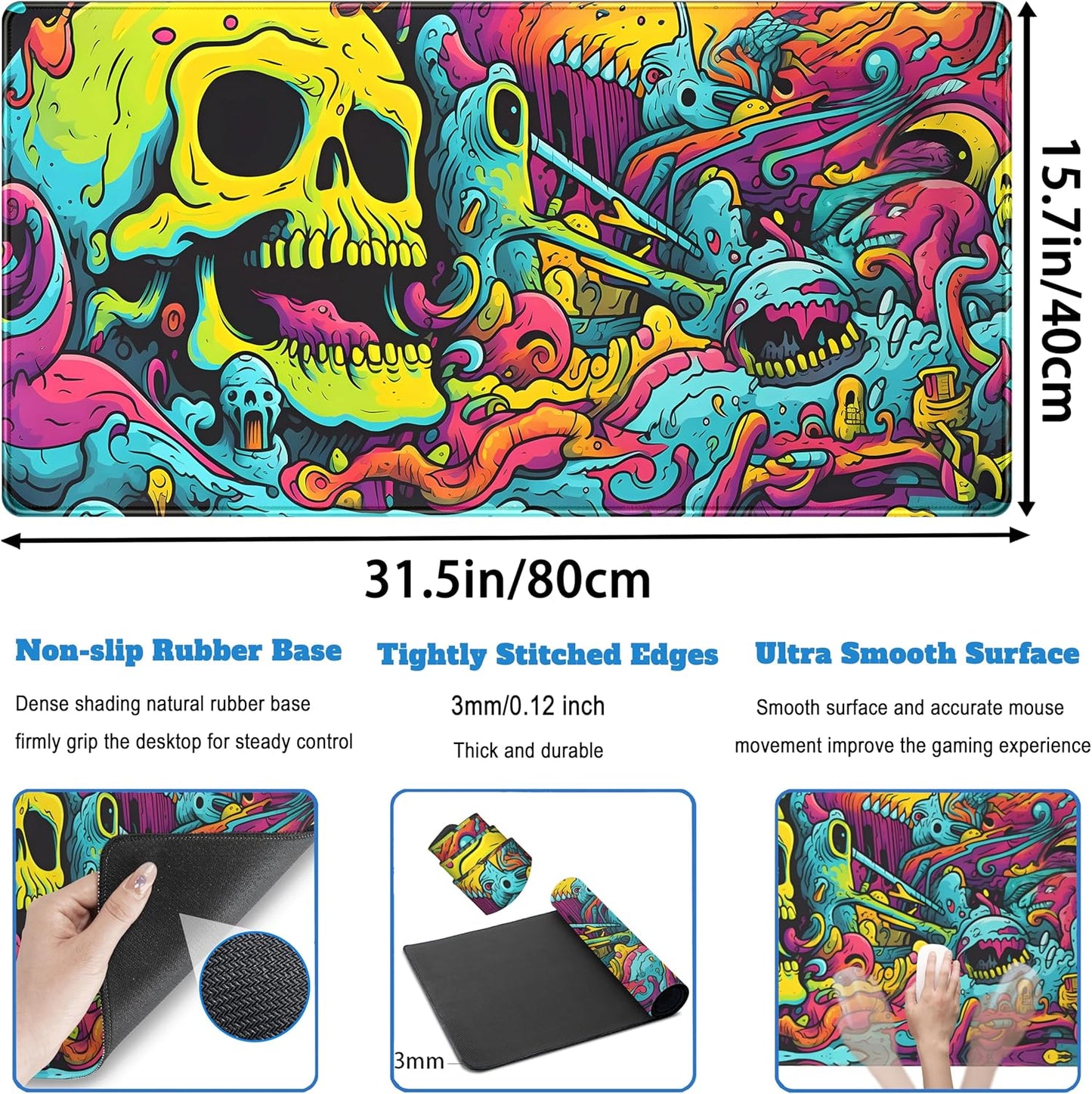 Gaming Desk Mat Skull Desk Pad Extended Mouse Pad XXL, Cool Mouse and Keyboard Mat Big Desktop Mats for Desk, Laptop Mat with Non-Slip Base & Stitched Edges, Office Decor for Men 31.5" x 15.7"