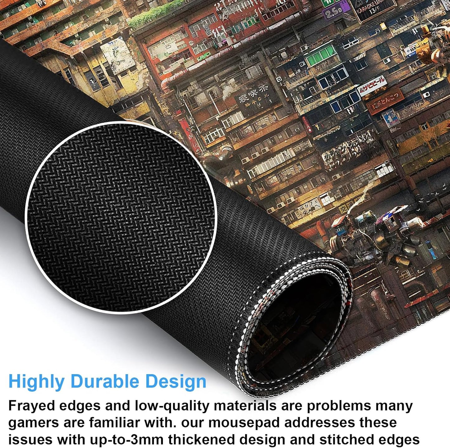 Futuristic Fantasy Mouse Pad, Cyberpunk Style Desk Mat, Extended XL Gaming Mouse Pads, Sci-Fi Computer Pad with Durable Stitched Edges, Non-Slip Washable Office Desktop Decorative Pad 31.5X15.7 Inch