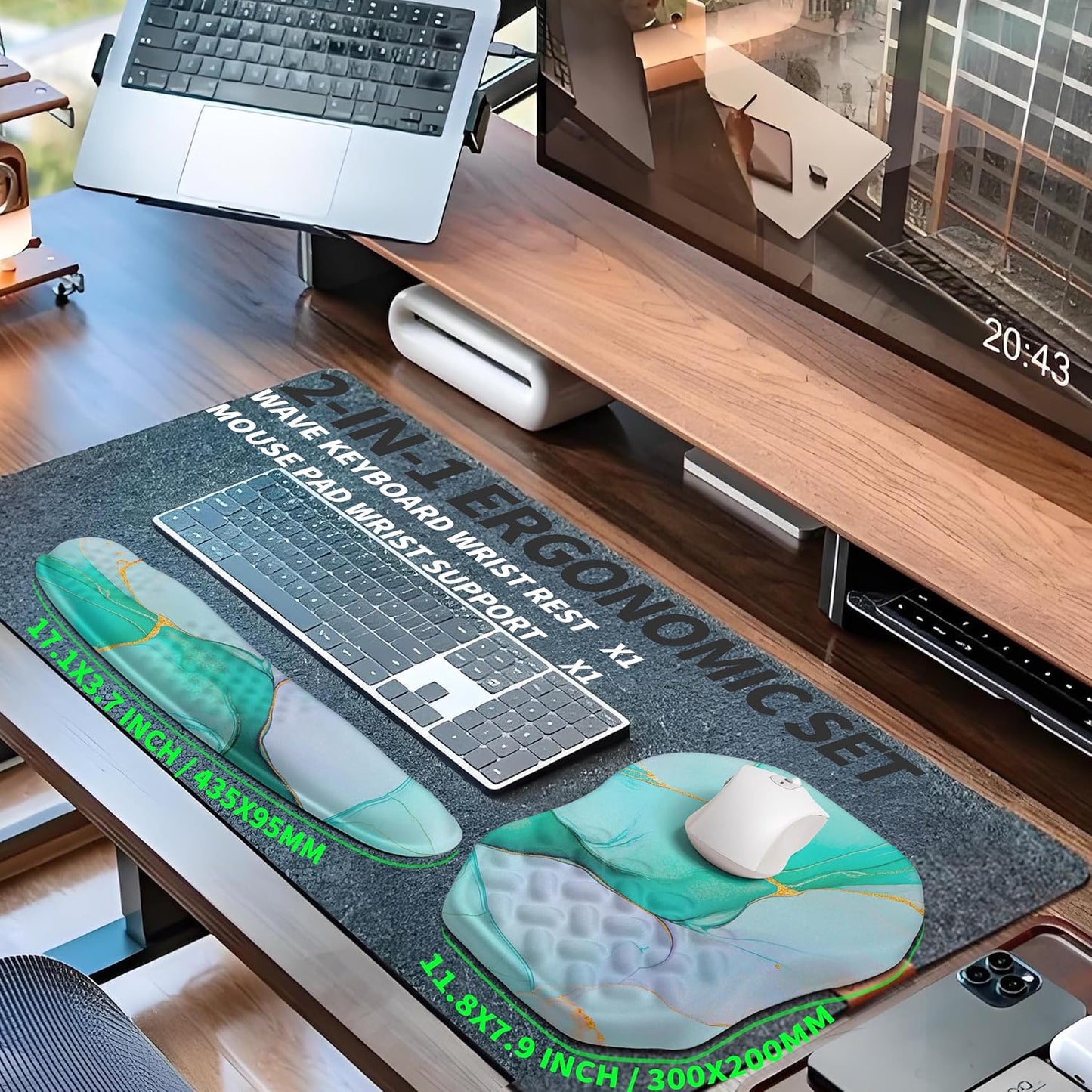 2-in-1 Ergonomic Set, Wave Keyboard Wrist Rest and Massage Slope Mouse Pad Wrist Support, Rebound Memory Foam for Relieve Carpal Tunnel Syndrome and Wrist Pain (Green Gold Marble)