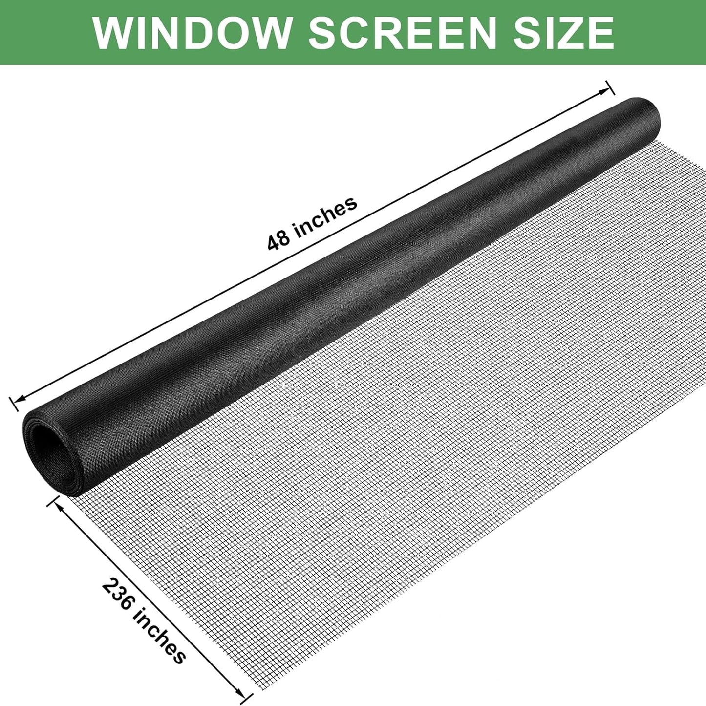 48"X236" Window Screen Replacement Kit, 6 in 1 Window Screen Door Repair Kit, Replacement Window Screens, Fiberglass Patio Screen Mesh for Porch Sliding Door, Rolling Tool Hook Spline Cutter Ruler