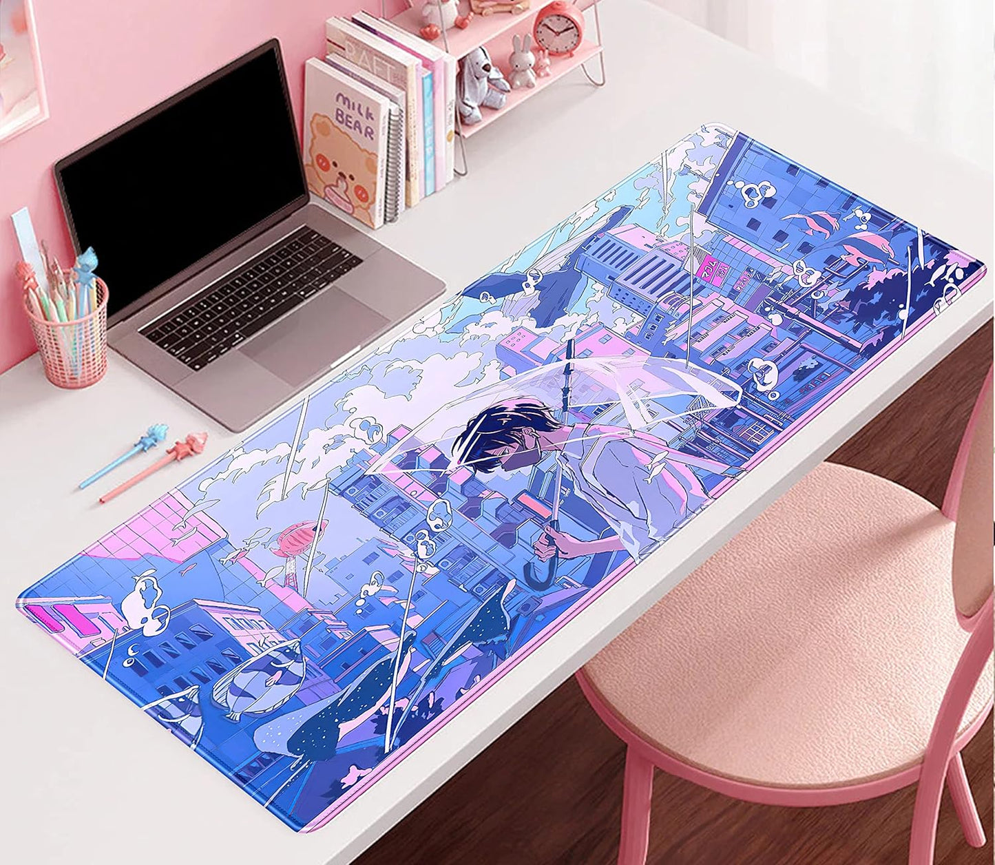 Anime Kawaii Desk Mat Mousepad Cute Japanese Large Gaming Mouse Pad XXL, Pastel Aesthetic Purple Blue Laptop Keyboard Mouse Mat, Magical Fantasy City Girl Gamer Computer Desktop Mat 31.5x15.75 in