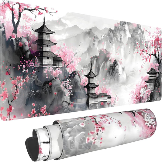 Japanese Cherry Blossom Large Mouse Pad,Gaming Keyboard Desk Pad,Extended Mouse Mat Non-Slip Rubber Base with Stitched Edges for Office Game Home XL 31.5"x11.8"