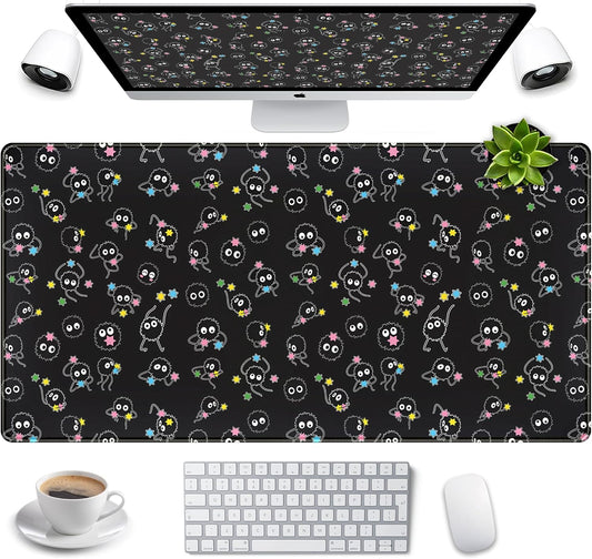 Desk Mat Cute Black Anime Sprite Gaming Mouse Pad XXL Large Extended Kawaii Laptop Keyboard Mouse Mat with Stitched Edges, Non-Slip Computer Desktop Mat for Women Office Desk Decor 31.5x15.7 in