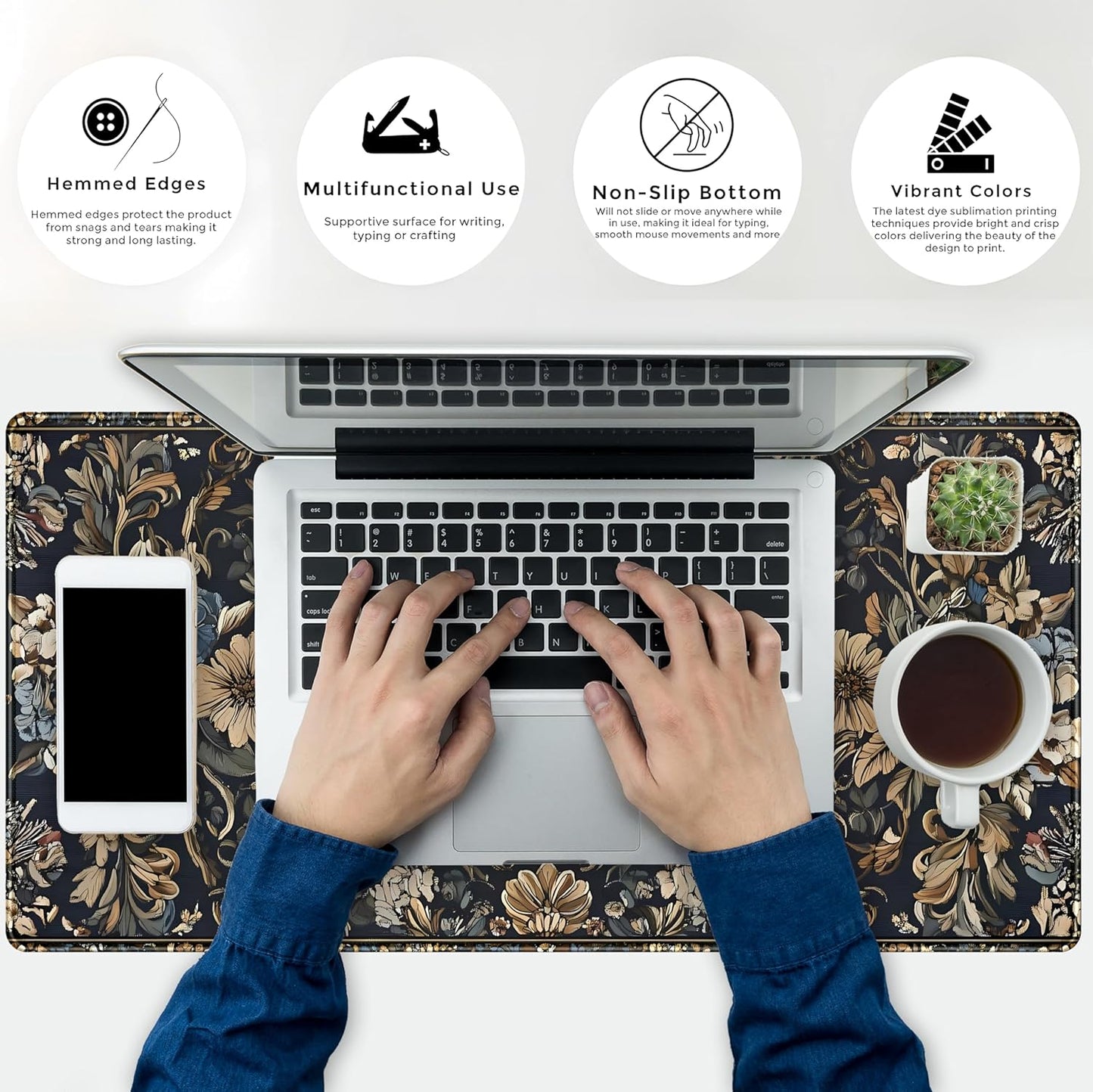 Vintage Floral Desk Mat Blue Wildflowers Mouse Pad Cottagecore Mousepad, XXL Large Extended Gaming Desk Matt for Desktop, Laptop Keyboard Mouse Mat for Women Office Decor Accessories, 31.5x15.75 in