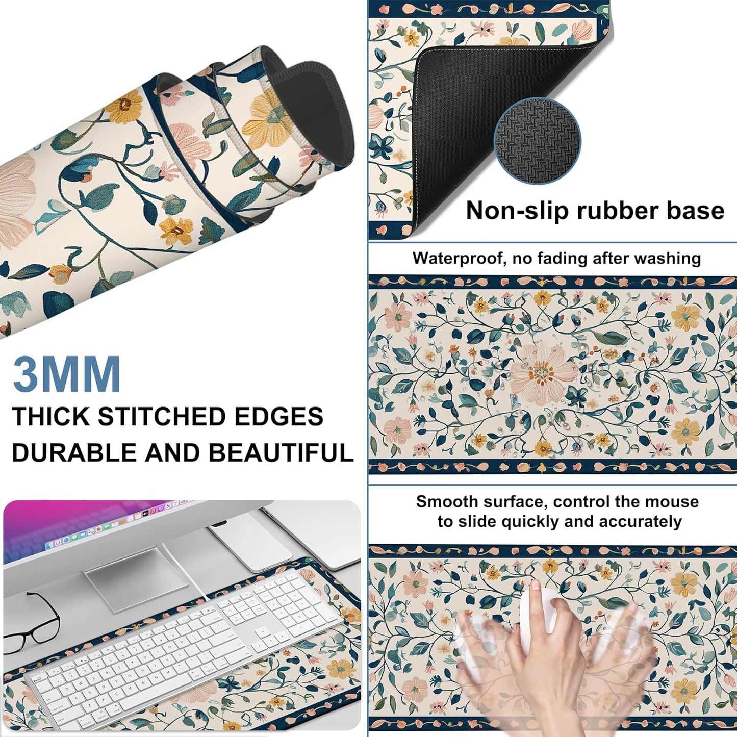 Gaming Desk Pad Large Extra Length Oriental Decorative Mouse Pad Keyboard Laptop Non-Slip Waterproof with Rubber Base Thick Stitched Edge Mouse Mat for Office Home 35.4 x 15.7 Inches