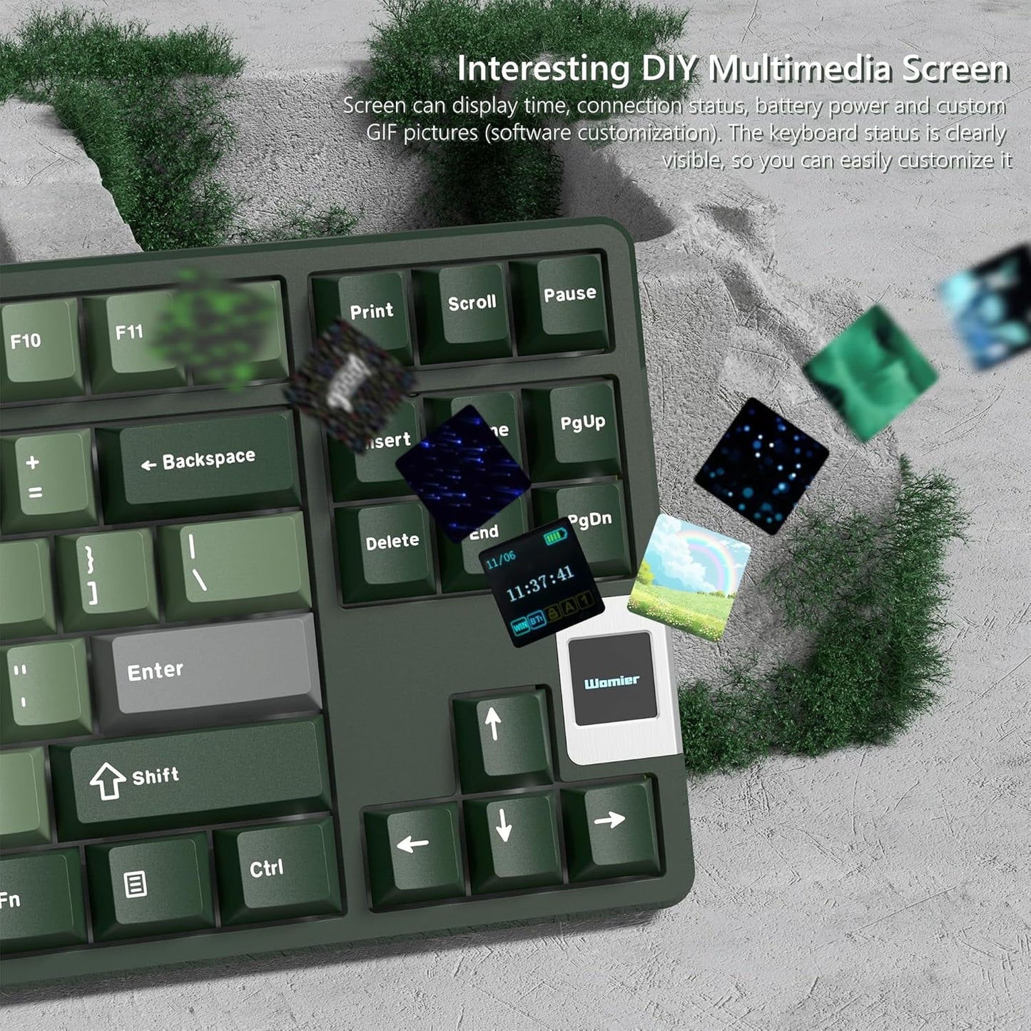 QK87 75% Keyboard with Multimedia Screen, QMK/VIA Wireless Gaming Keyboard, Creamy Mechanical Key Board,3-Mode RGB Custom Gasket Hot Swappable for Windows&Mac, POM Linear Switch-Gray Green