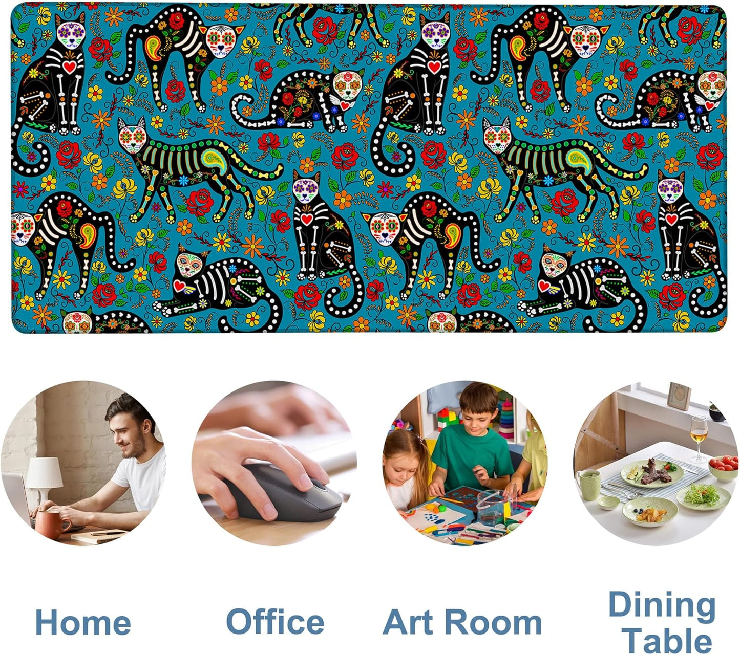 Sugar Skull Black Cats Gaming Mouse Pad 3mm Thick Stitched Edge Waterproof Non-Slip Large Computer Keyboard Mouse Mat,Suitable for Office Entertainment Decorative Desk Pad 35.4 x 15.7 Inches