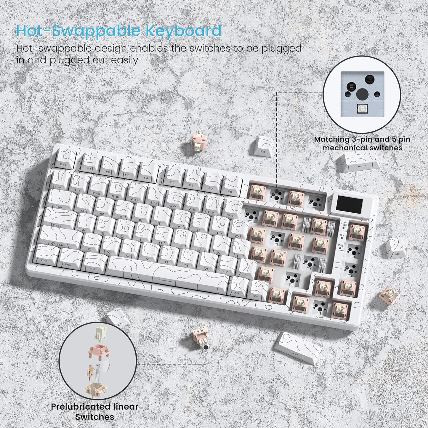 Womier SK80 75% Percent Keyboard with Color Multimedia Display Mechanical Gaming Keyboard Topographic, Hot Swappable Gasket Mount RGB Creamy Key Board Pre-lubed POM Switch for Mac/Win,White