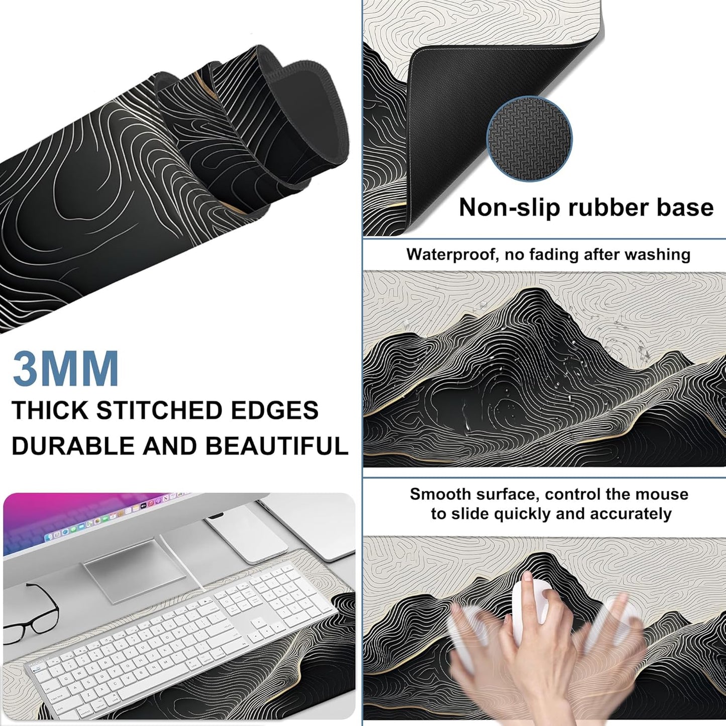 Gaming Desk Pad Large Extra Length Abstract Lines Mouse Pad Keyboard Laptop Non-Slip Waterproof with Rubber Base Thick Stitched Edge Mouse Mat for Office Home 35.4 x 15.7 Inches
