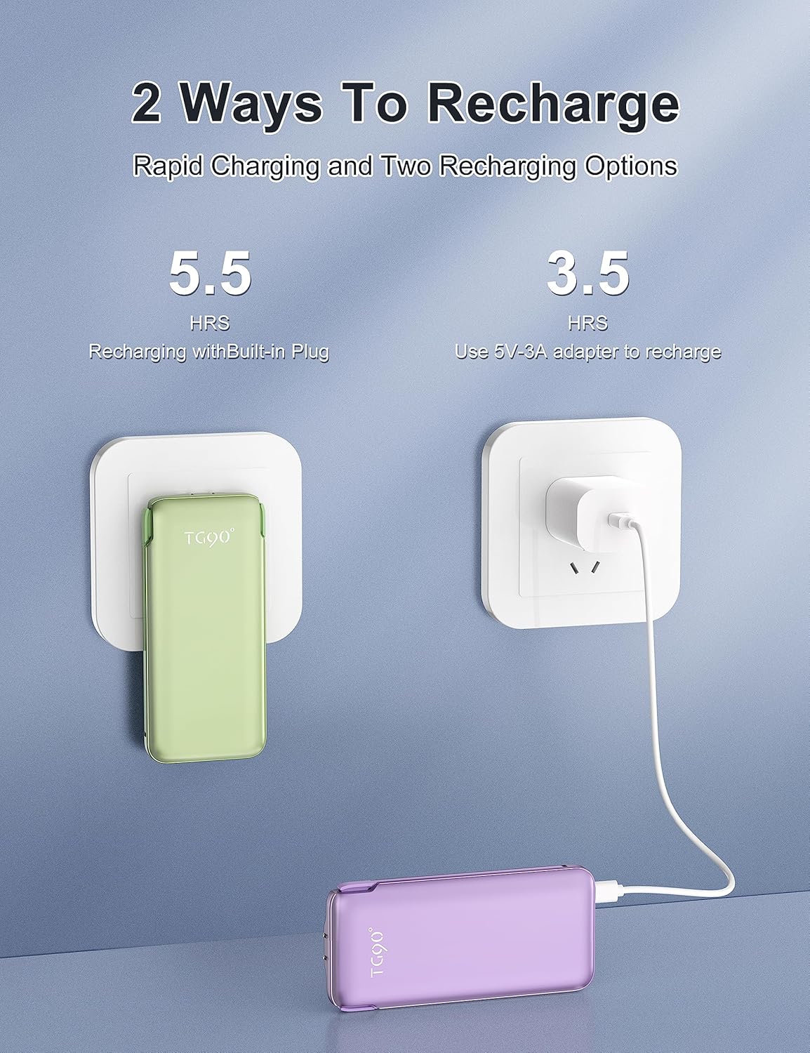 TG90° 10000mah Power Bank Portable Charger with Built in Cables and AC Wall Plug, Phone Charger External Battery Pack Compatible with iPhone Android Smart Devices