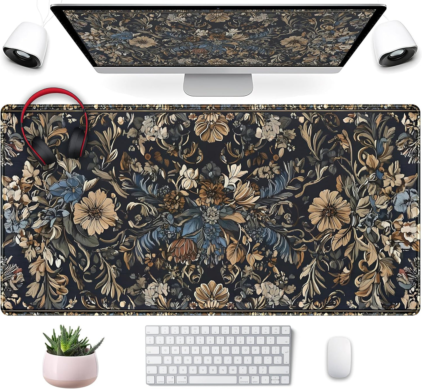 Vintage Floral Desk Mat Blue Wildflowers Mouse Pad Cottagecore Mousepad, XXL Large Extended Gaming Desk Matt for Desktop, Laptop Keyboard Mouse Mat for Women Office Decor Accessories, 31.5x15.75 in