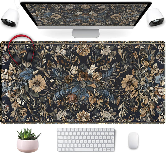 Vintage Floral Desk Mat Blue Wildflowers Mouse Pad Cottagecore Mousepad, XXL Large Extended Gaming Desk Matt for Desktop, Laptop Keyboard Mouse Mat for Women Office Decor Accessories, 31.5x15.75 in