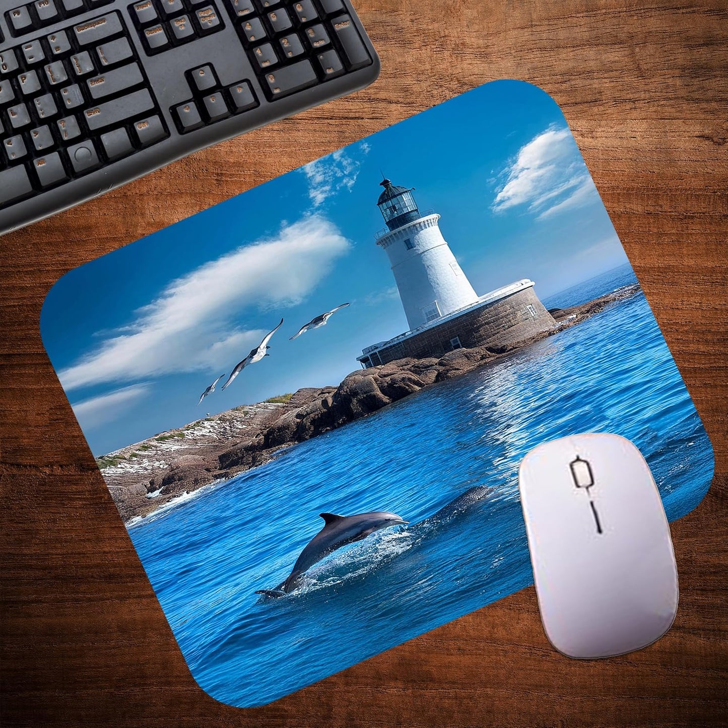 Coastal Shoreline Waves Sandy Beach Theme Mouse Pad Mat Mousepad for Desk Computer Laptop PC Gaming Home or Office Gift (Dolphin Lighthouse MP17)